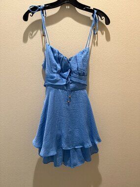 Cellecci Blue Satin Tiered Romper with Bow Sash Size M